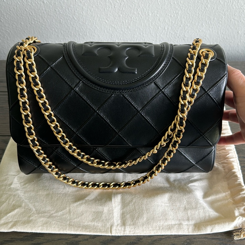Tory Burch Black Quilted Fleming Convertible Bag - Medium Size